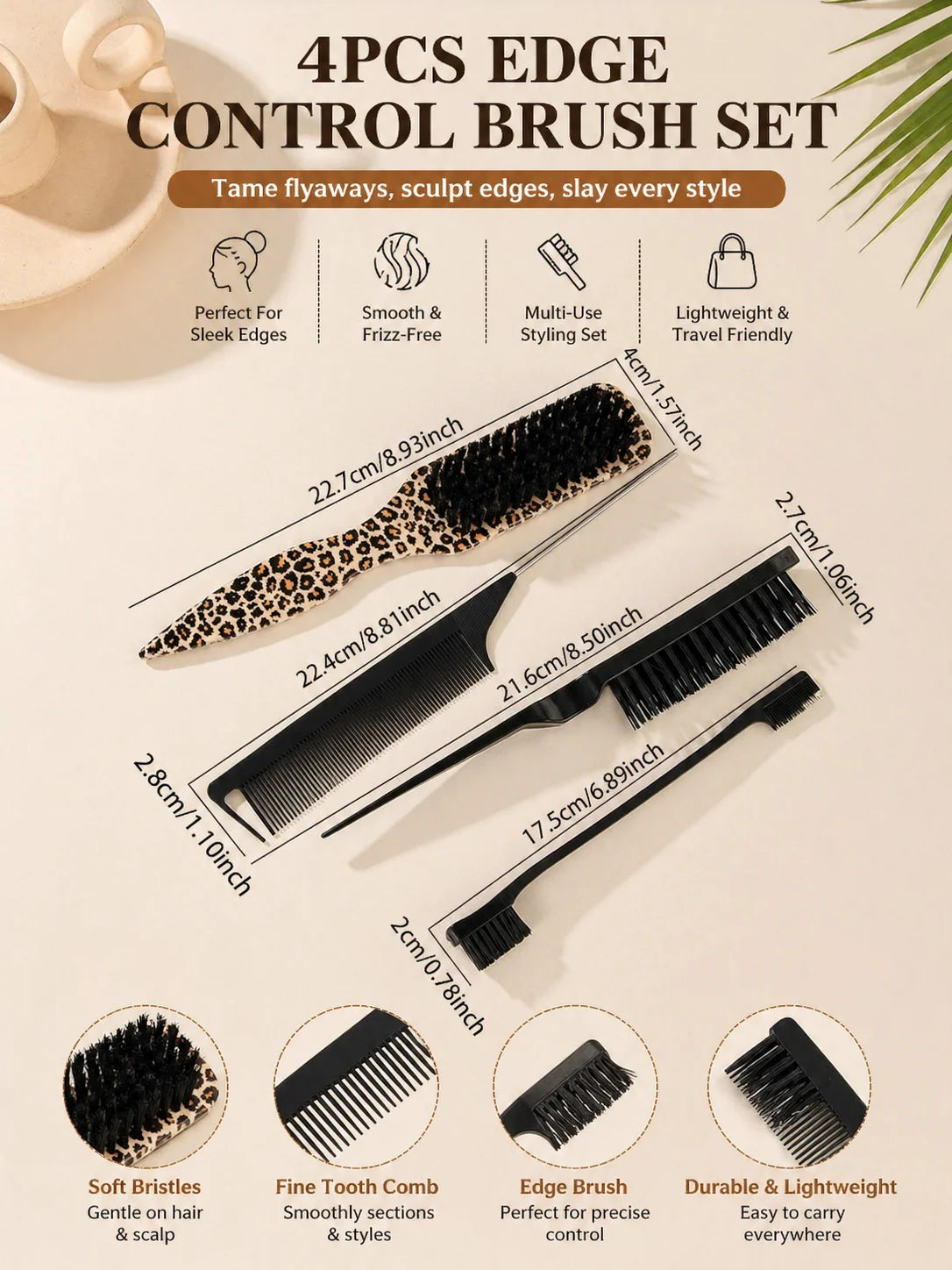 4PCS Leopard Print Hair Brush Set, Detangling Brush, Slick Back Hair Brush & Edge Comb, Hair Styling Accessories for Women