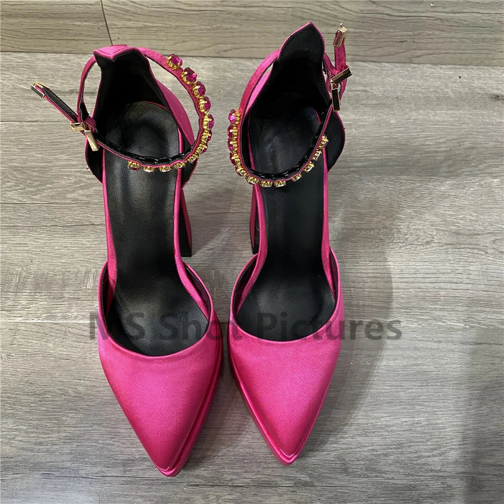 Luxury Women High Heel Shoes Platform Sandals Pointed Toe Woman Silk Pumps Sexy Rhinestone Buckle Chunky Heel Wedding Shoes 2024