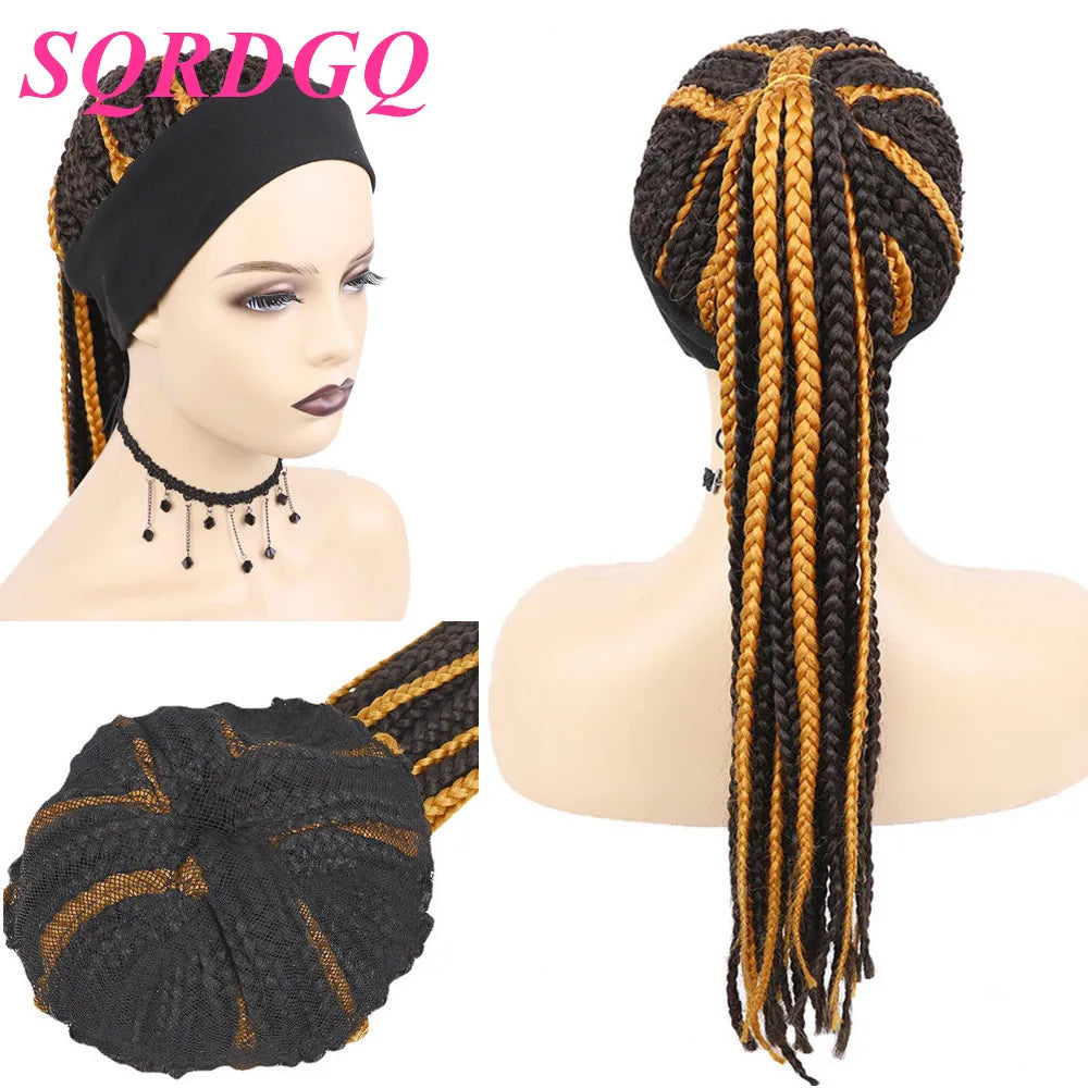 SQRDGQ Perruques synthétiques pour femmes, perruques tressées longues pour femmes noires, tresses de boîte, perruques afro-américaines naturelles noires et brunes pour femmes