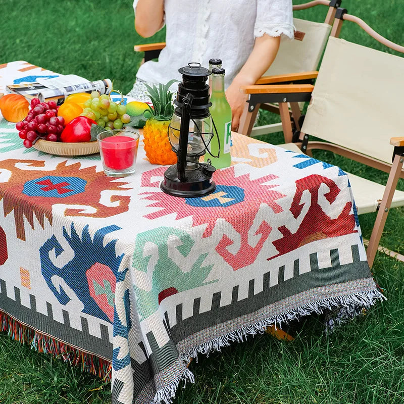 Mantel rectangular colorido estilo bohemio de tela de algodón y lino, mantel de decoración para camping al aire libre con diseño geométrico simple