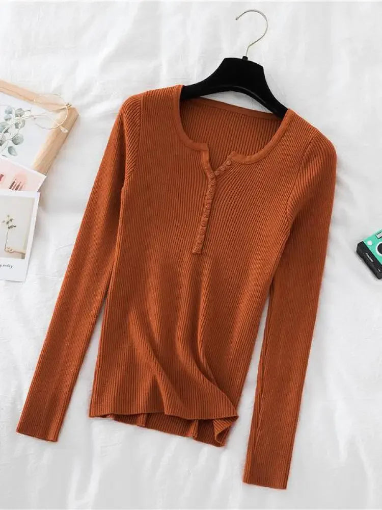 Korea Autumn Winter Button V Neck Sweater Women Basic Slim Pullover Women Sweaters And Pullovers Knit Jumper Soft Warm Tops