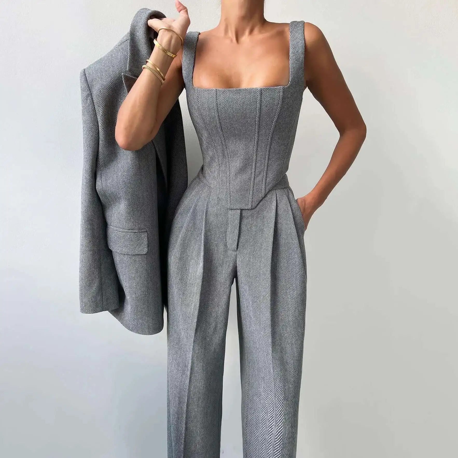 [Vibe] Women's Blazer Three Piece Solid Slim Vest Loose Blazer High Waist Pants Suit Streetwear Casual Female Pants Suit