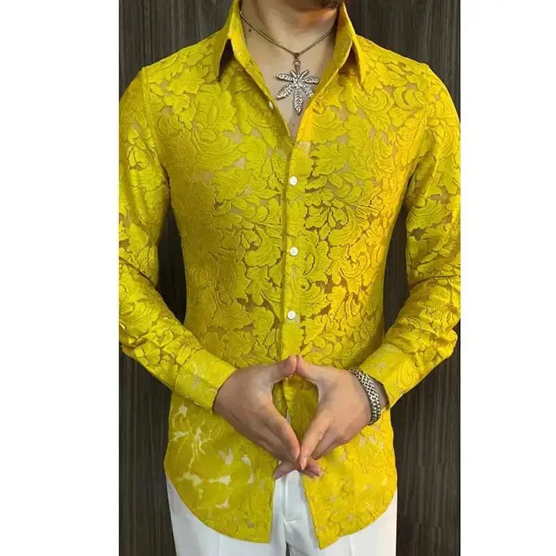 Men's Slim Fit Shirt Spring Transparent Long Sleeved Shirt Men Nightclub Sexy Casual Social Party Singer Shirt