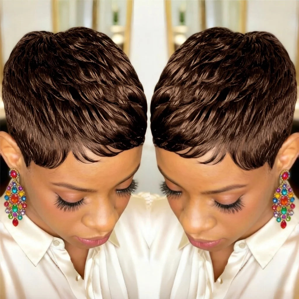 Short Pixie Cut Wigs Short Black full machine made Wig With Bangs Human Hair Pixie Wig for Women Pixie Cut Wigs Layered Hair Wig