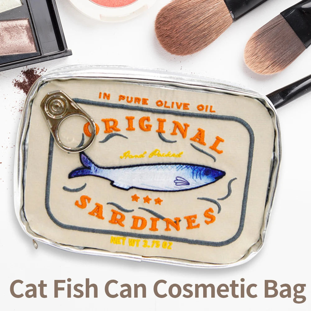 Bolsa de cosméticos única de sardinas enlatadas, bolsa de aseo portátil, bolsa de maquillaje con cremallera de moda para mujer, bolsa de viaje para hombre para vacaciones