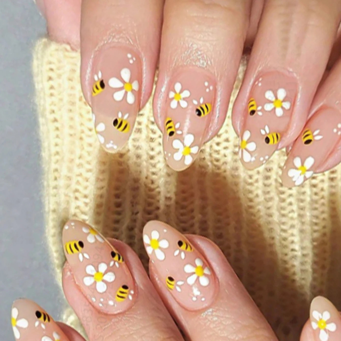 24 pcs short square French simple flower nails +1 nail glue +1 nail file