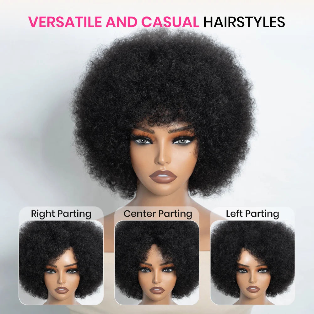 Afro Wig For Women Short Afro Kinky Curly Bob Glueless Wigs Human Hair Natural Looking 12 Inch Afro Wigs With Bangs Short Bouncy