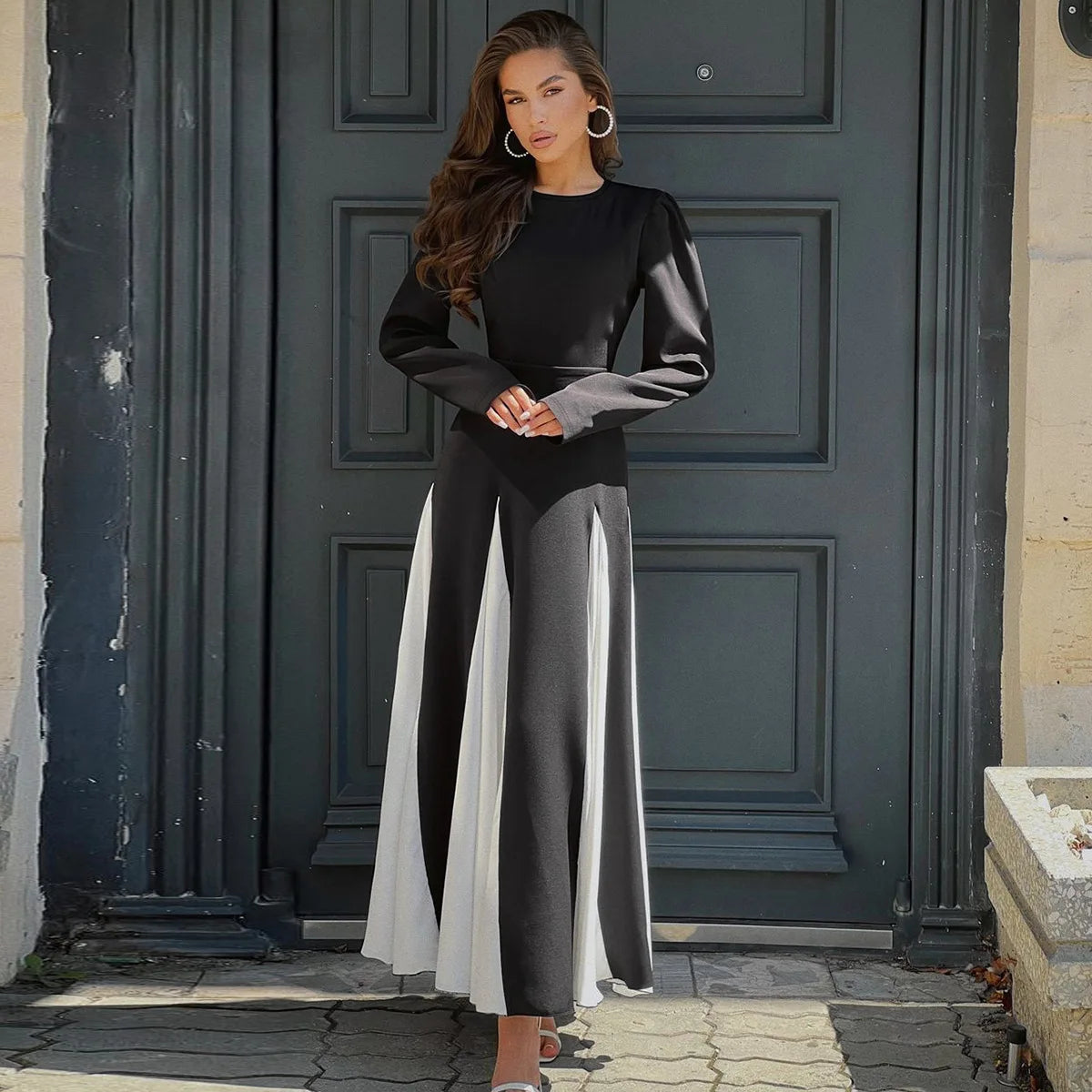 Women's Clothing Spring and Summer New Temperament Fashion Celebrity Style Contrasting Color Mid-waist Lace-up Dress