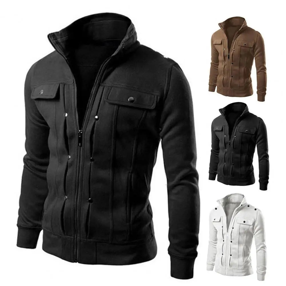 Men Outerwear Stylish Men's Spring Outerwear with Stand Collar Zipper Closure Casual Jacket for Autumn Solid Color Long for Men