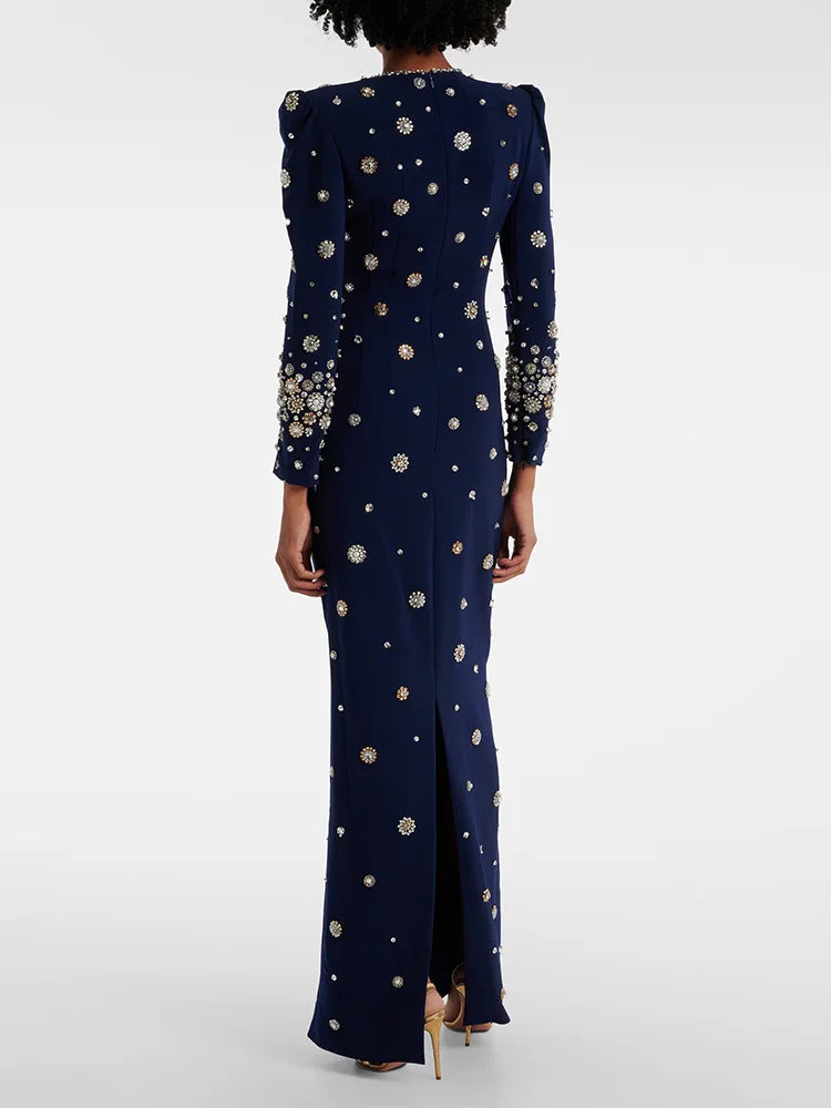 HIGH STREET Newest Fashion  Designer Party Vestido Women's Formal Long Sleeve Luxurious Beaded Long Maxi Dress