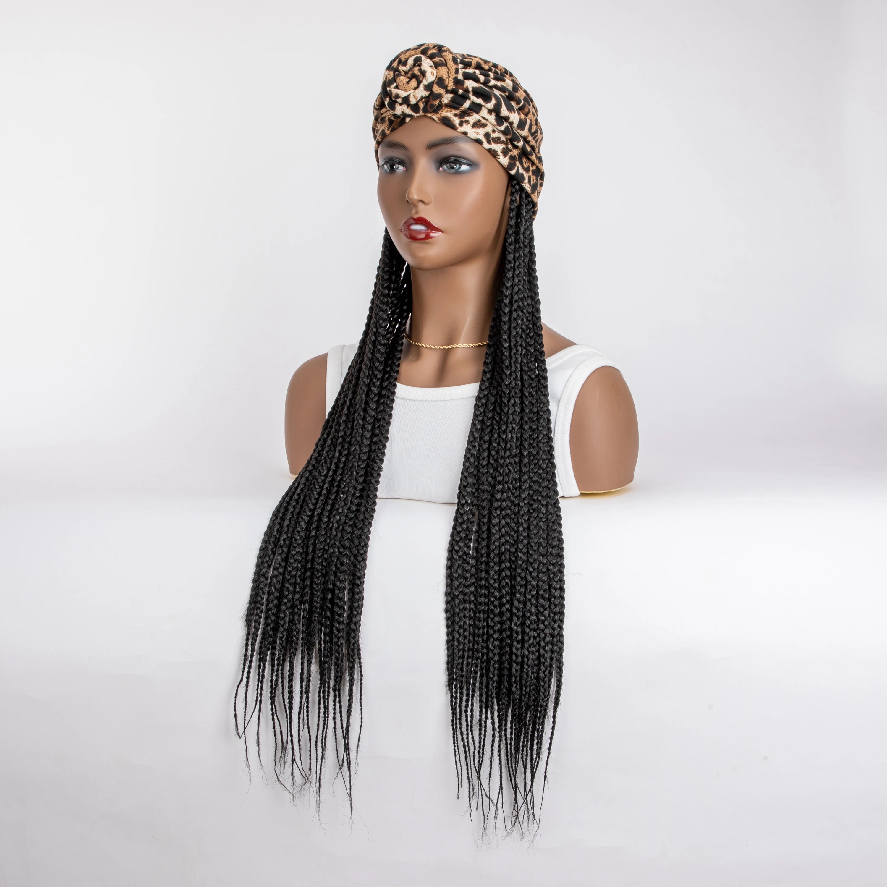 WIGERA Diadema con estampado de leopardo Peluca sintética trenzada larga con gorro turbante Trenzado de caja Extensiones de cabello Pañuelo para la cabeza Peinado fácil