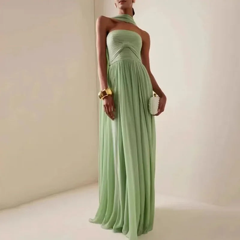 Women Sexy Fashion Backless Pleated Dresses Elegant Simple Casual Green Waist Chiffon Chic Evening Gown New Women Clothing