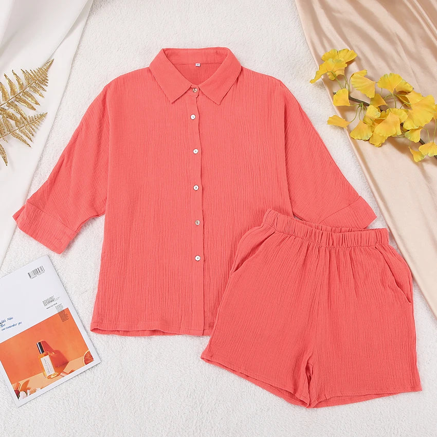 Cotton Pajamas For Women Sets Suit Casual Sleepwear Turn-Down Collar Nine Quarter Sleeve Sleep Tops Shorts Female Homewear 2023