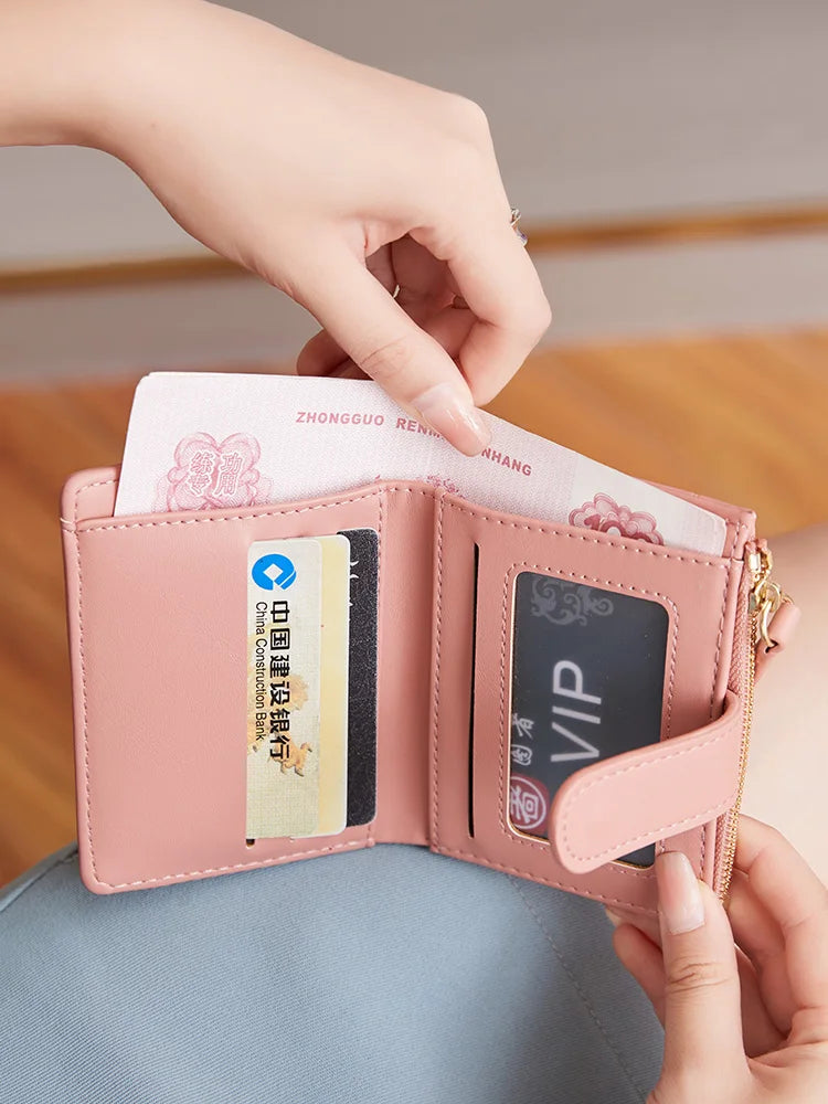 Klassisk luksuslommebok med kortklips, liten, multifunksjonell, PU-håndveske i skinn, ensfarget, dobbel fold, dame, ZeroWallet