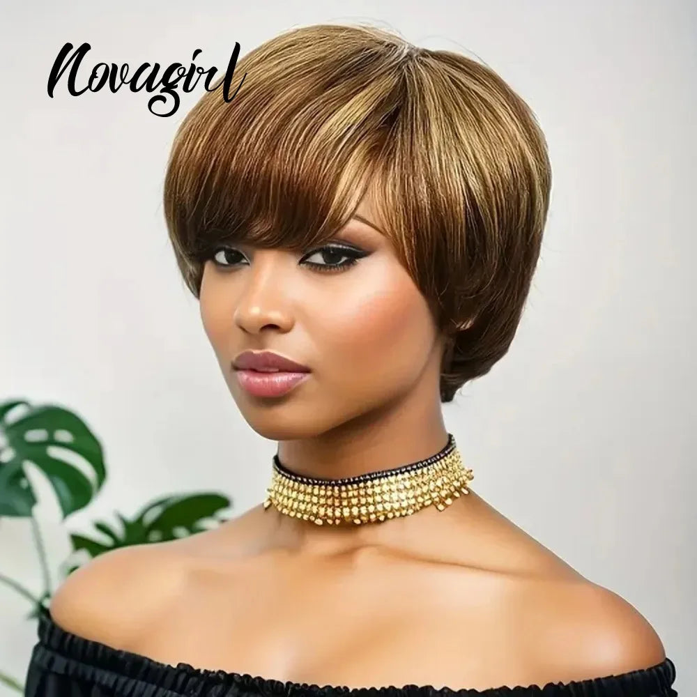 High Quality 6 Inch Pixie Wigs Color P4/27 for Women Full Machine Made Brazilian Virgin Remy Human Hair Soft Comfortable