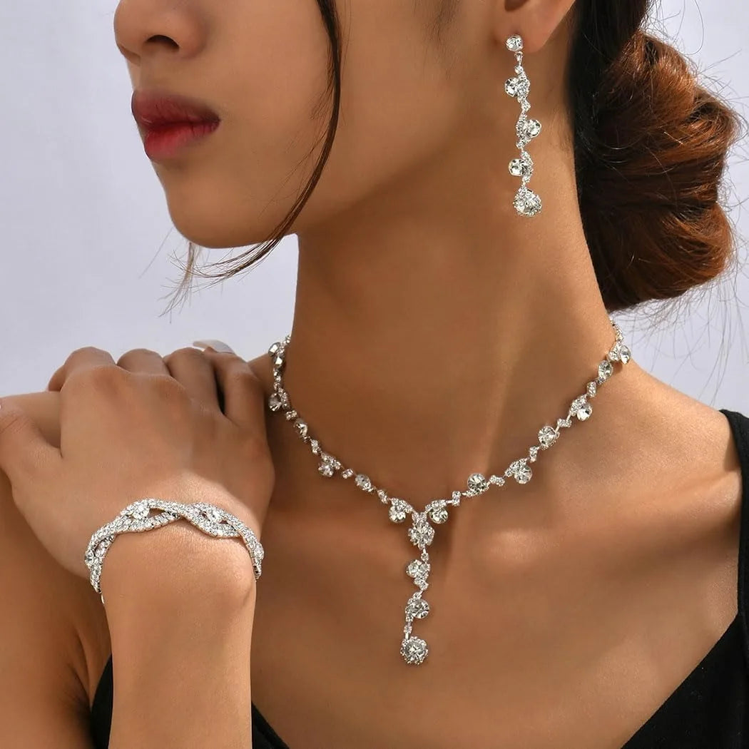 Jewelry Set for Women Rhinestone Earrings Silver Earring Bracelet Necklace Party Prom GiftWedding Earrings Jewelry for Women