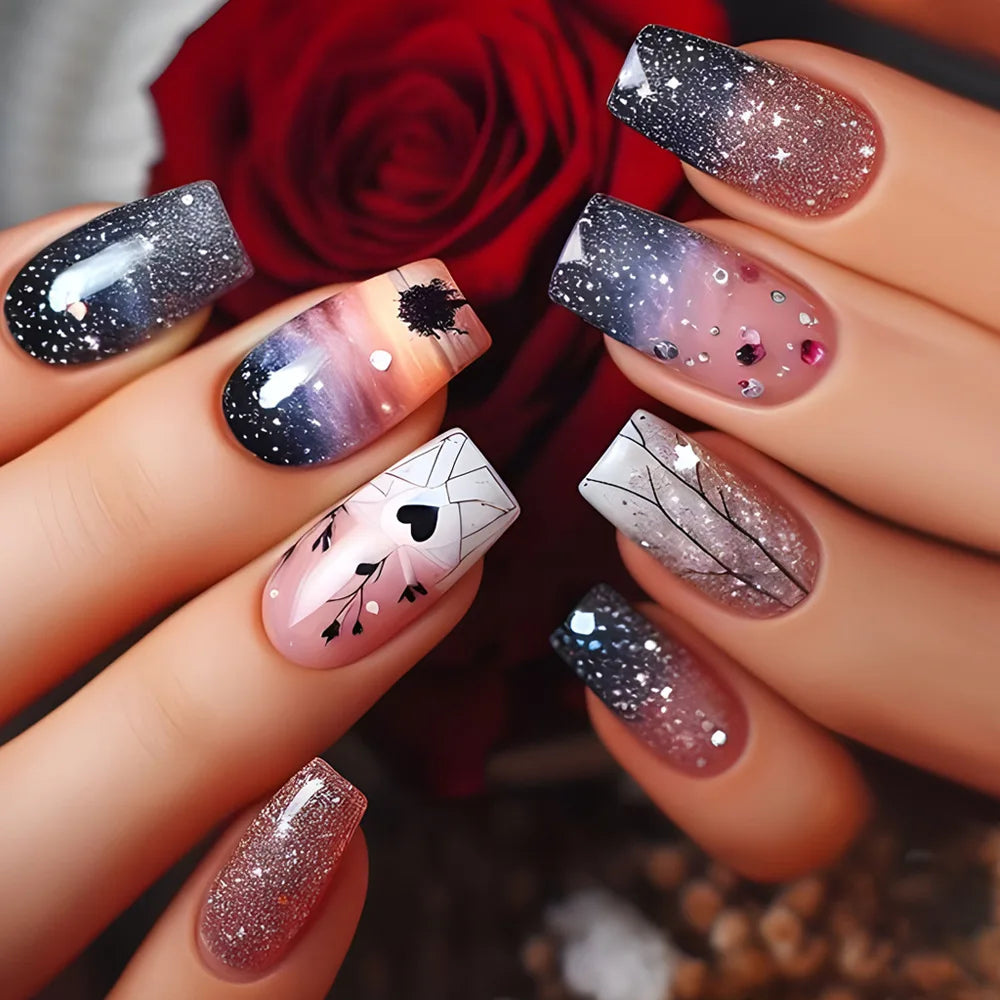 24pcs Ballet Nails Sets Press on Flower Design Mid-length False Nails Art Gradient Fake Nail Pink Square Datachable Manicure Tip