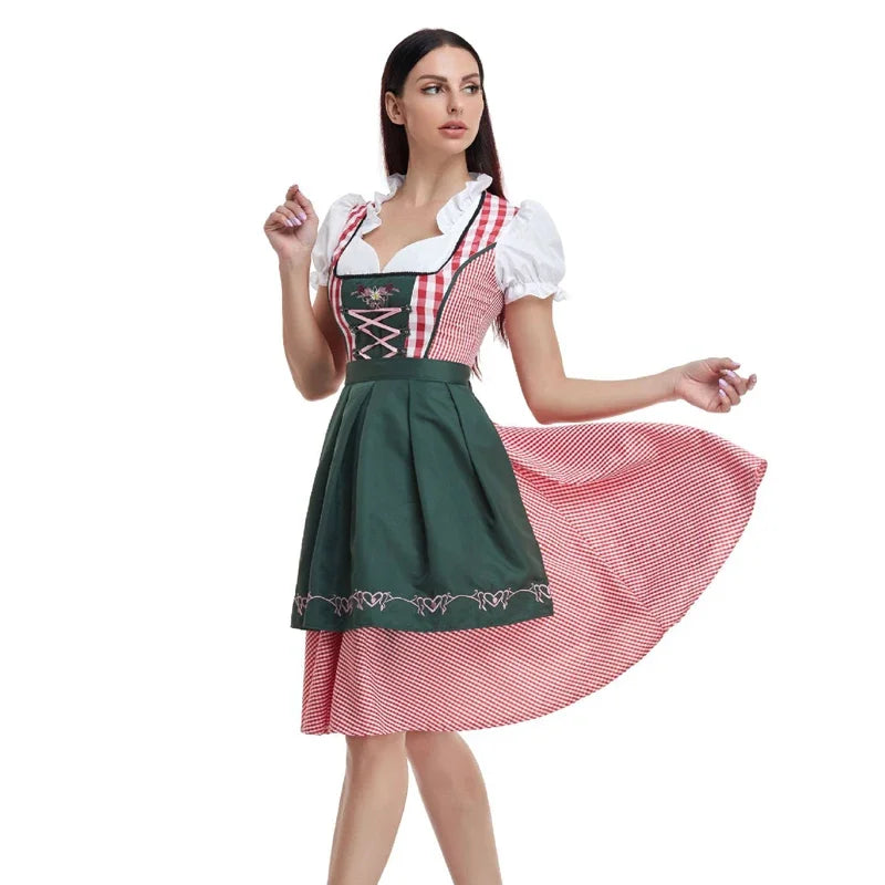 Lady Dirndl Oktoberfest Dress Women Costume Bavarian National Pink Plaid Clubwear Cosplay Halloween Carnival Fancy Party