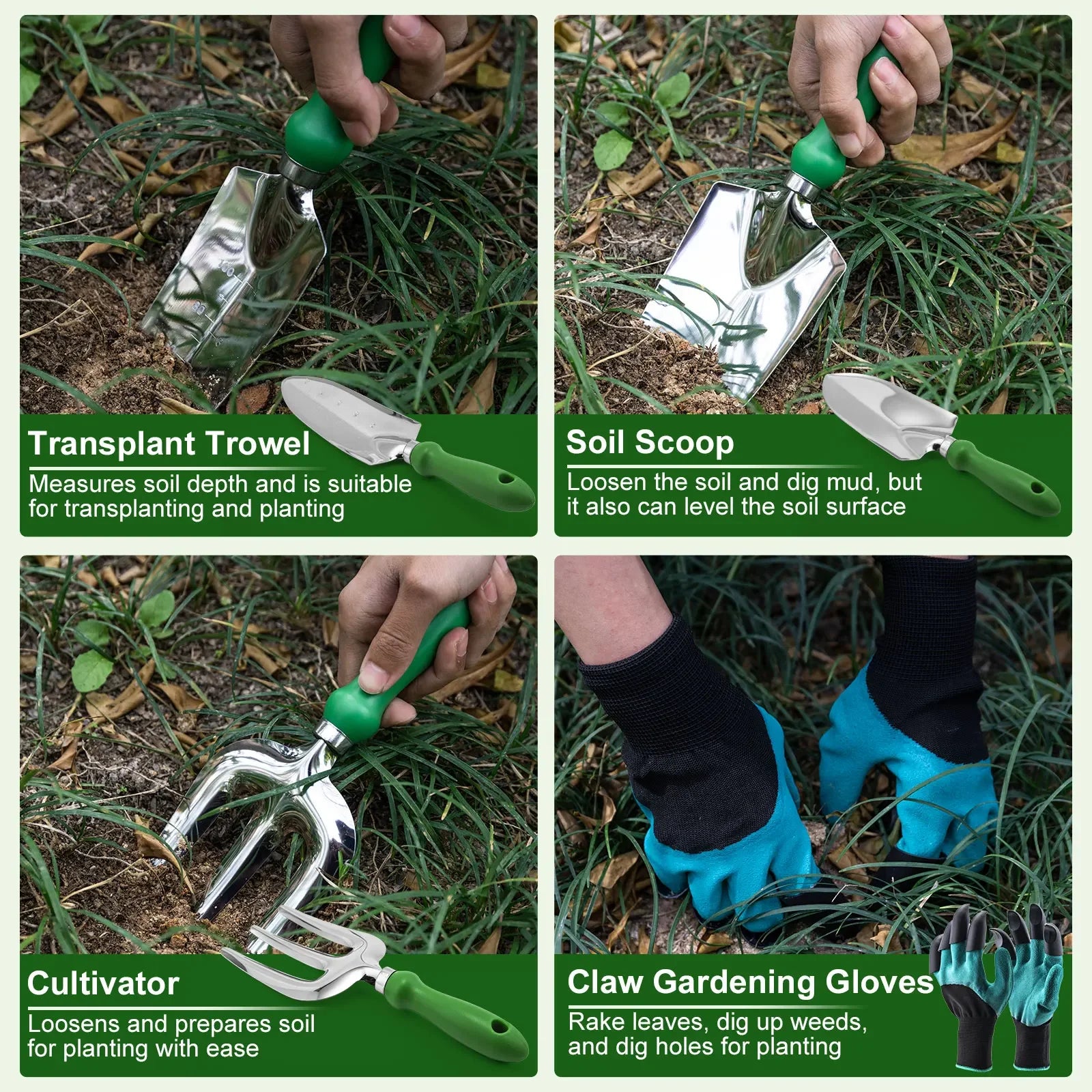 Juego de herramientas de jardinería que incluye tijeras de podar, guantes de jardinería con garras, cultivador, paleta de trasplante, pala para tierra, herramientas de plantación para exteriores