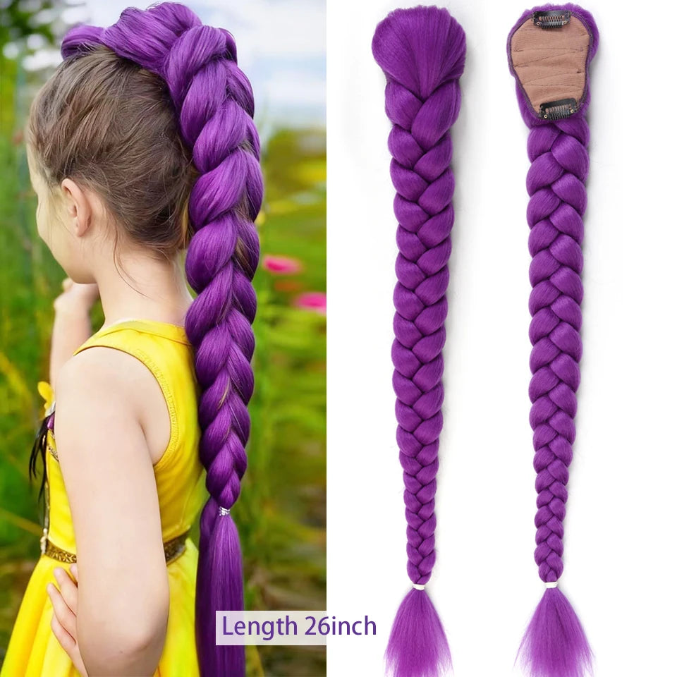 Synthetic Braided Purple Hair Ponytail Rumi Costume Hairstyle Long Ponytail with Rubber band and Clips for Kids Girls Christmas