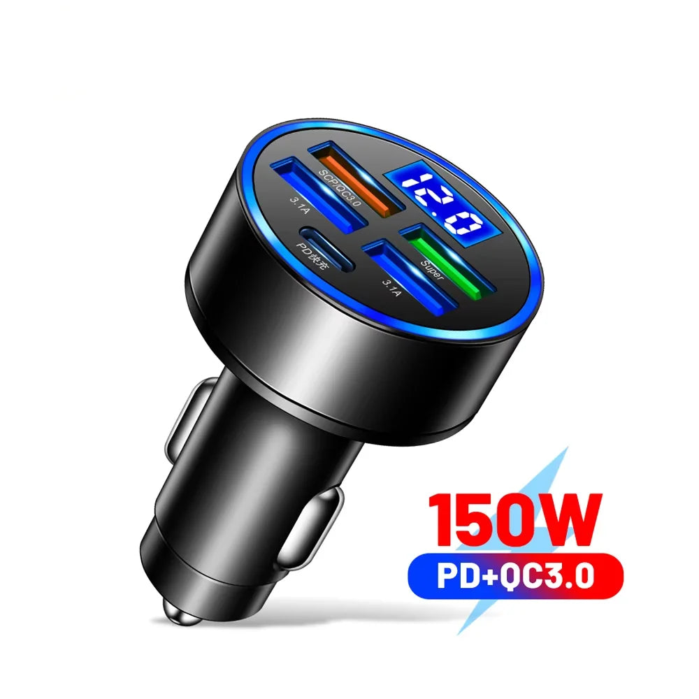 Cargador de coche PD de 250 W, carga rápida QC3.0, enchufe de encendedor de cigarrillos para coche 6 en 1, cargador de coche de 5 puertos con carga rápida y pantalla digital