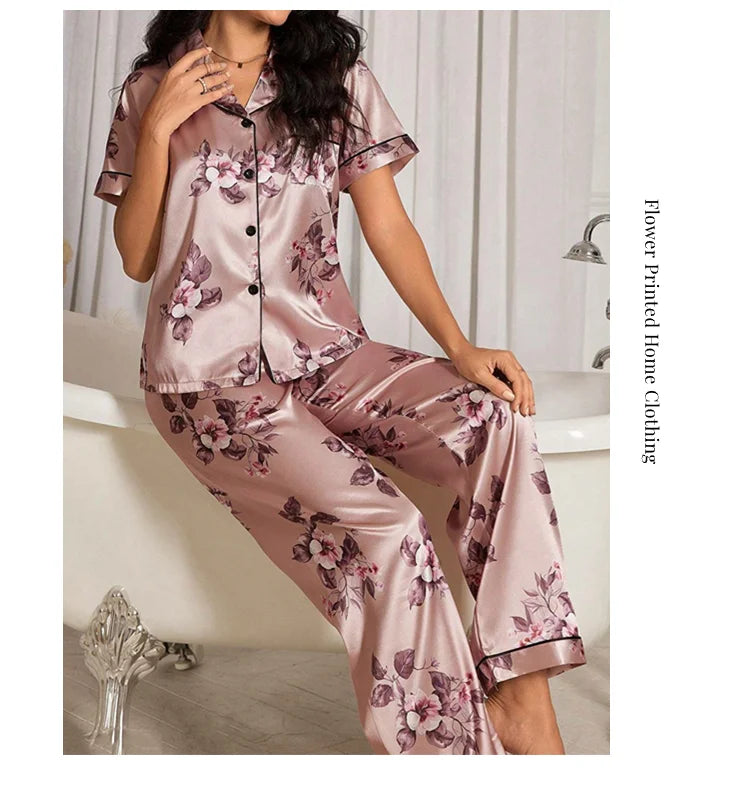 Pijama de satén elegante para mujer, conjunto de pijama con estampado floral, top de manga corta con botones y solapa, y pantalón largo para dormir o estar en casa