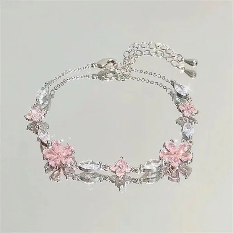 Fashion Elegant Crystal Flowers Bracelet For Women Sweet Girls Moon Cherry Blossom Bow Zircon Bracelets Luxury Designer Jewelry