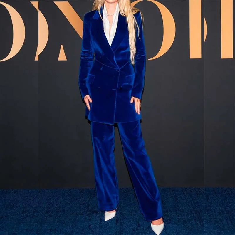 Elegant Women's Suits Pants Sets With Blazer Luxury Blue Velvet Double Breasted Peak Lapel 2 Piece Outerwear Office Female Terno