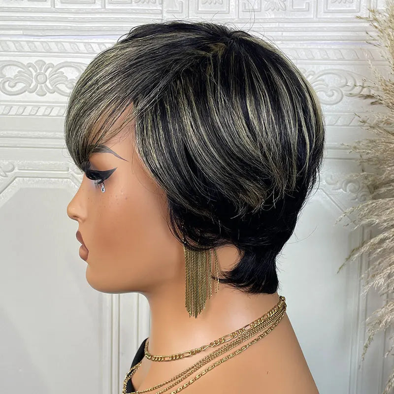 Short Straight Human Hair Wigs Highlight Color Brazilian Remy Hair Pixie Cut Wig Cheap Human Hair Machine Wig For Black Women