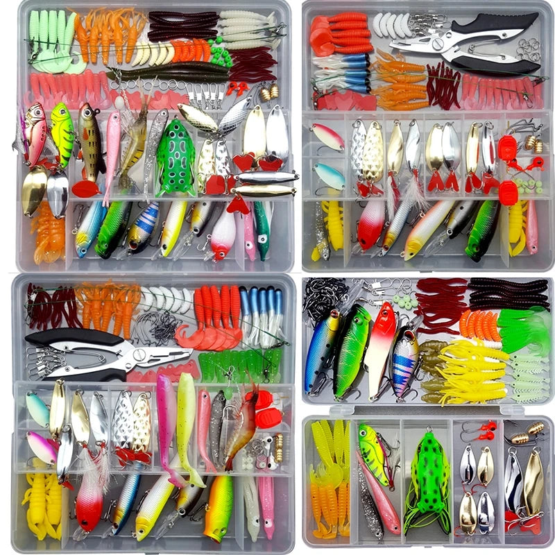 Kit de señuelos de pesca, juego de cebos blandos y duros, capa de engranajes Minnow, plantilla de metal, cuchara para bajo, lucio, accesorios de aparejos de manivela con caja