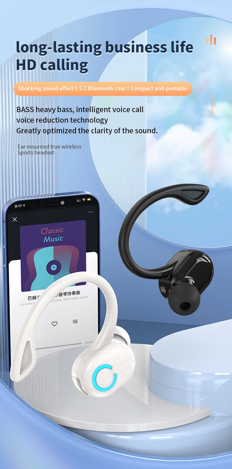 Auriculares inalámbricos Bluetooth graves HIFI con micrófono HD, tipo gancho para la oreja, auriculares con cancelación de ruido, resistentes al agua, para juegos y deportes