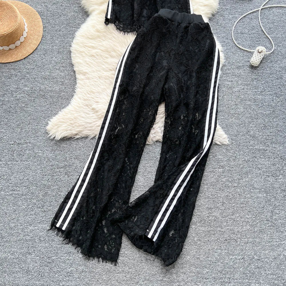Women Two Pieces Sets Spliced lace Off Shoulder Slip Top and Fashion Hotsweet High Waist Elastic Waist  Wide Leg Pant Sets