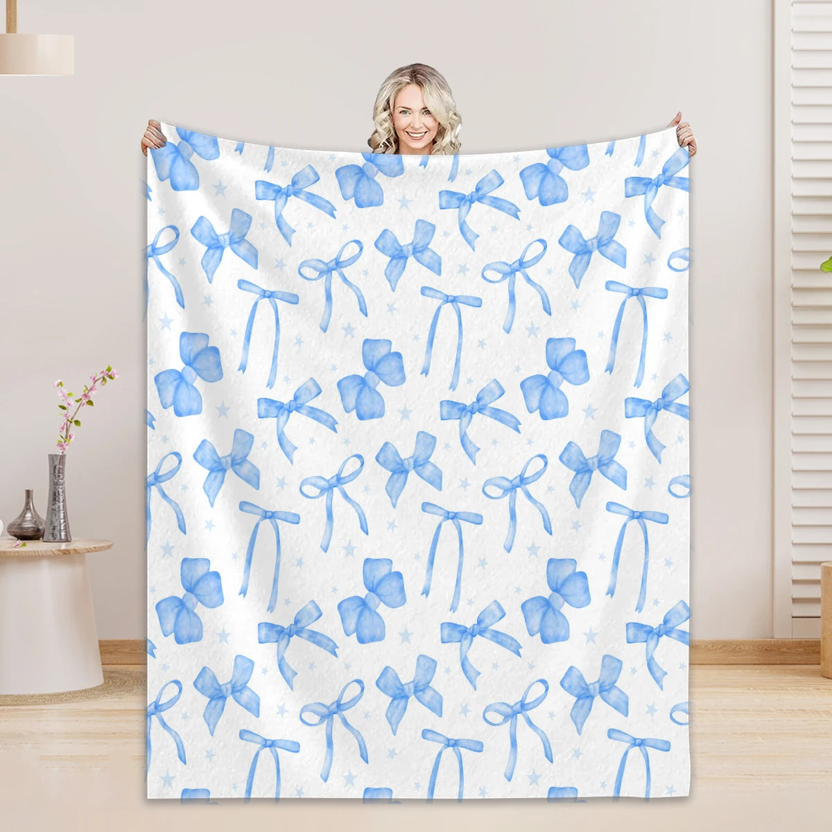 1PC Throw Blanket Blue Bow 3D Printed Soft Fuzzy Nap Blanket Bedspreads All Seasons Gifts For Girl Women Adult Flannel Blanket