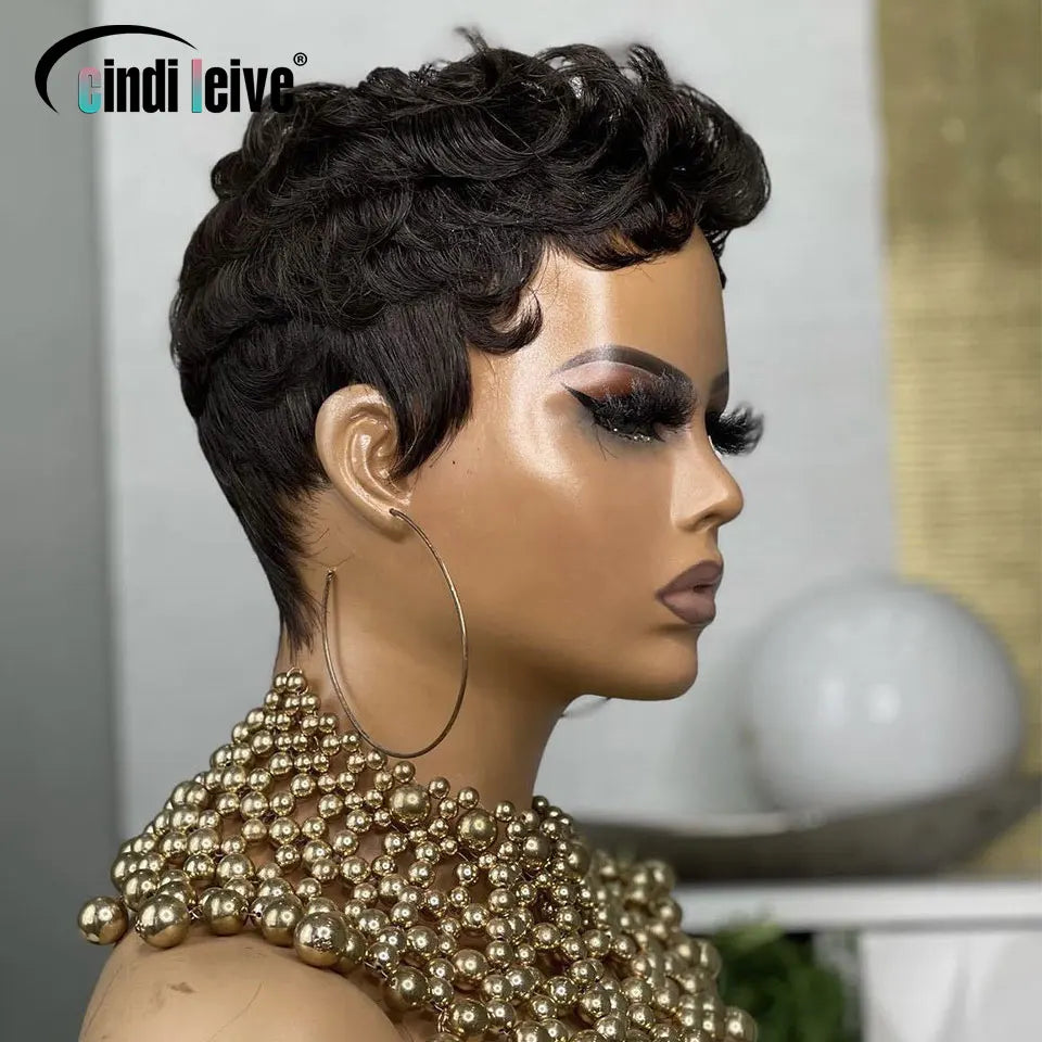 #1B Peluca rizada corta estilo Pixie para mujer, peluca rizada negra natural de cabello humano Remy peruano, peluca Bob hecha a máquina completa, densidad del 150%