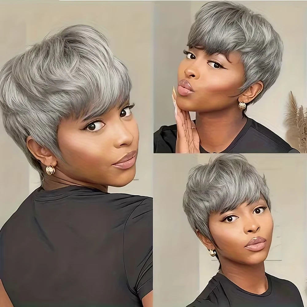 Short Pixie Cut Wig Silver Gray Straight Human Hair Wigs Bazilian Hair with Bangs for Women Machine Made 100% Human Hair Wigs