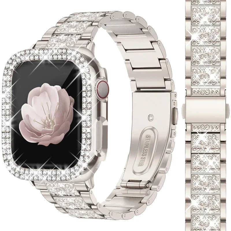 NEW Diamond case+Strap For Apple Watch Band 41mm 38mm 42mm  45mm 40mm 44mm Metal Belt IWatch Series 9 8 7 SE 6 5 Women Bracelet