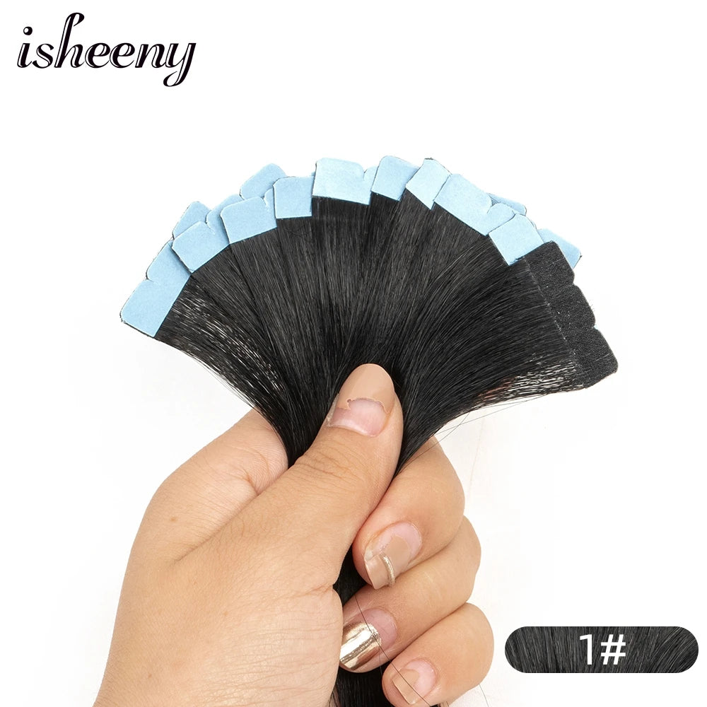 Isheeny 12"-24" Mini Tape Hair Extensions Machine Remy Human Hair Adhesive Tape In Human Hair Natural Straight 10pcs/pack
