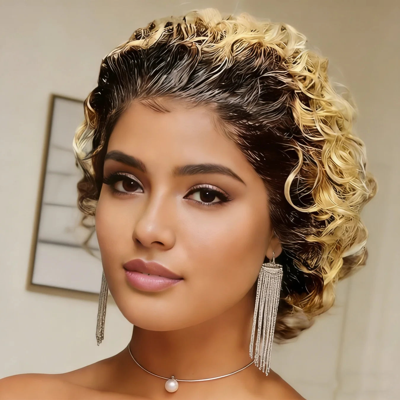Pixie Cut Wigs Human Hair Ombre 1B/27 Short Curly 13x1 Transparent Lace Front Wigs Water Wave Bob Wig