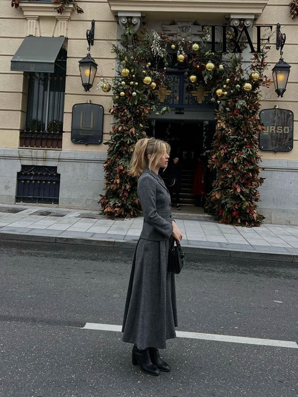 TRAF Women Fashion Casual Commuter Suit Skirt Suit Autumn and Winter Single-breasted Suit Jacket High-waisted A-line Skirt Suit