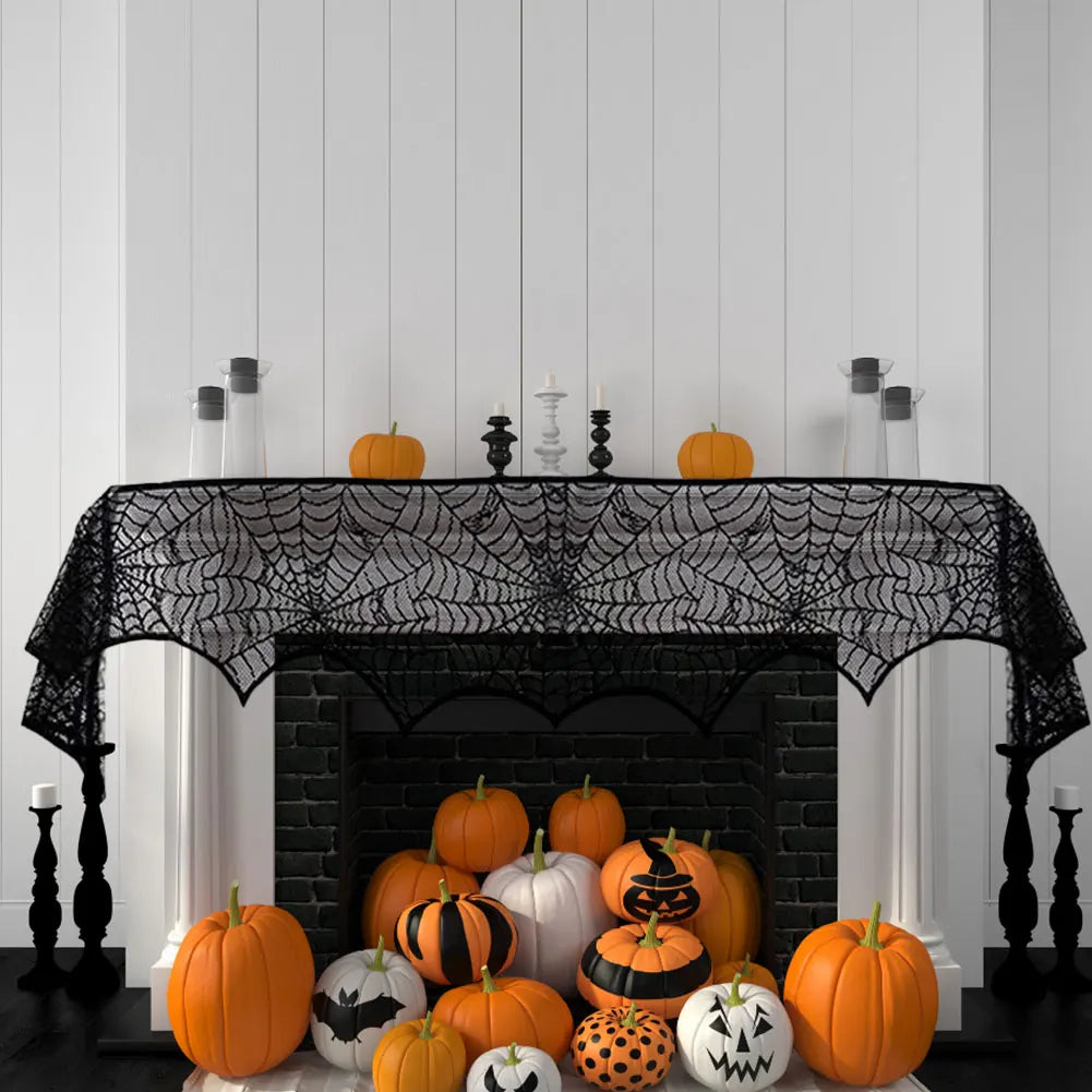 Halloween Lace Spider Web Tablecloths Black Skull Spider Web Fireplace Curtain Mantel Scarf Event Home Party Table Decorations