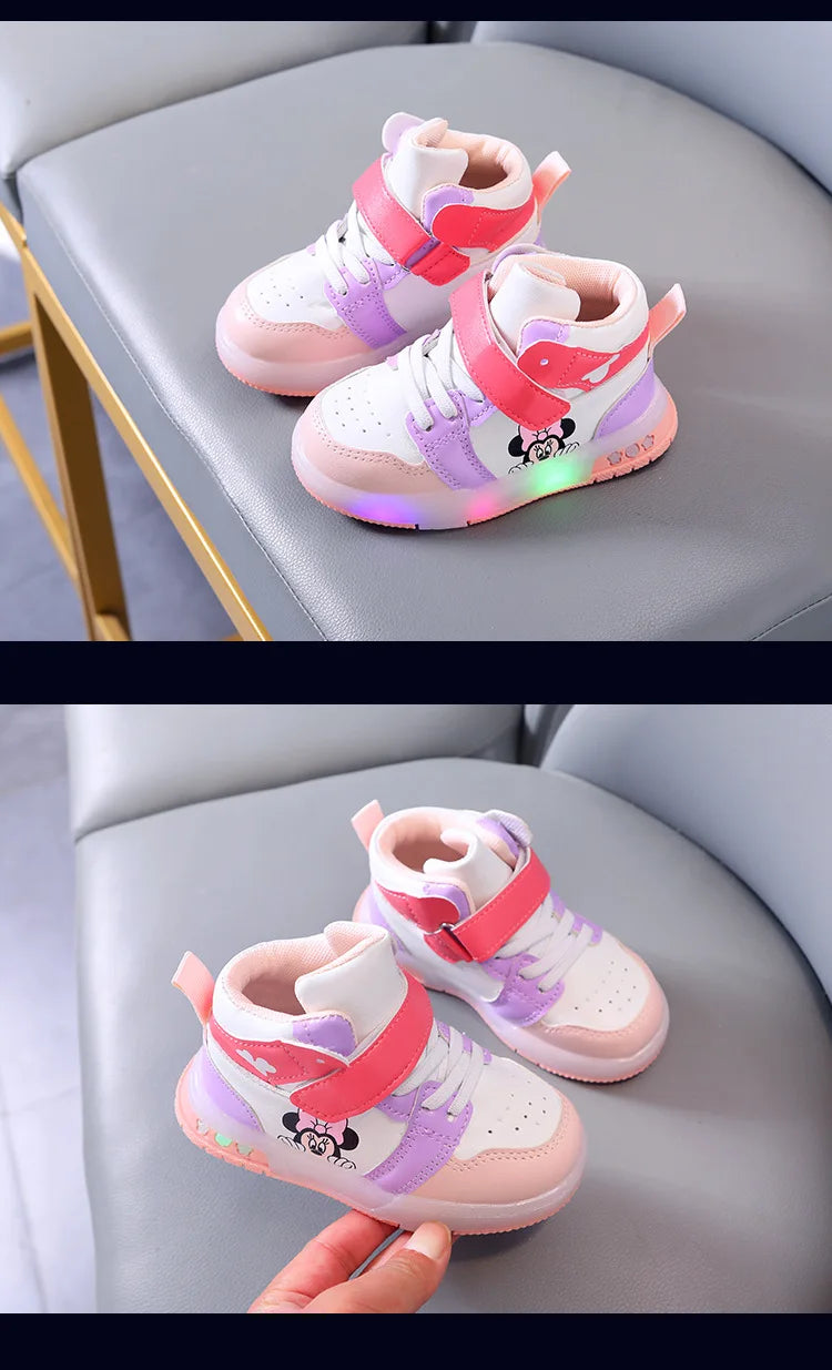 Disney Girls' Causla Shoes PU Leather Mickey Mouse LED Luminescent Children's Sneaker 1-6 Year Old Boys' Sports Casual Shoes