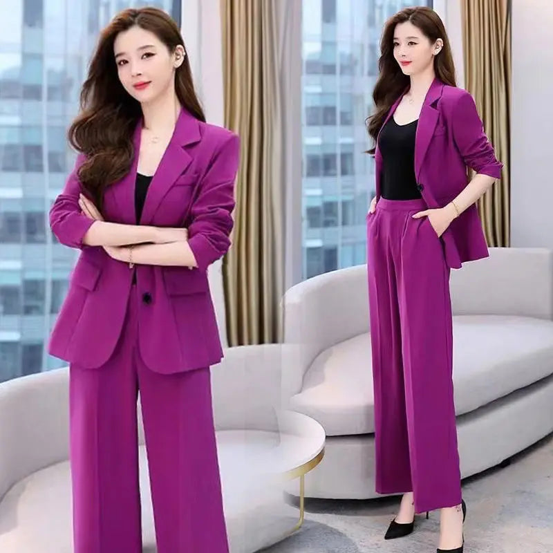 Women's Fashion Professional Suit Korean Elegant Spring Autumn New Casual Blazers Coat + Pants Two-piece Set Femlae Clothing