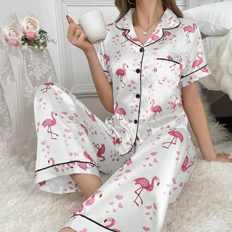 Pijama de satén elegante para mujer, conjunto de pijama con estampado floral, top de manga corta con botones y solapa, y pantalón largo para dormir o estar en casa