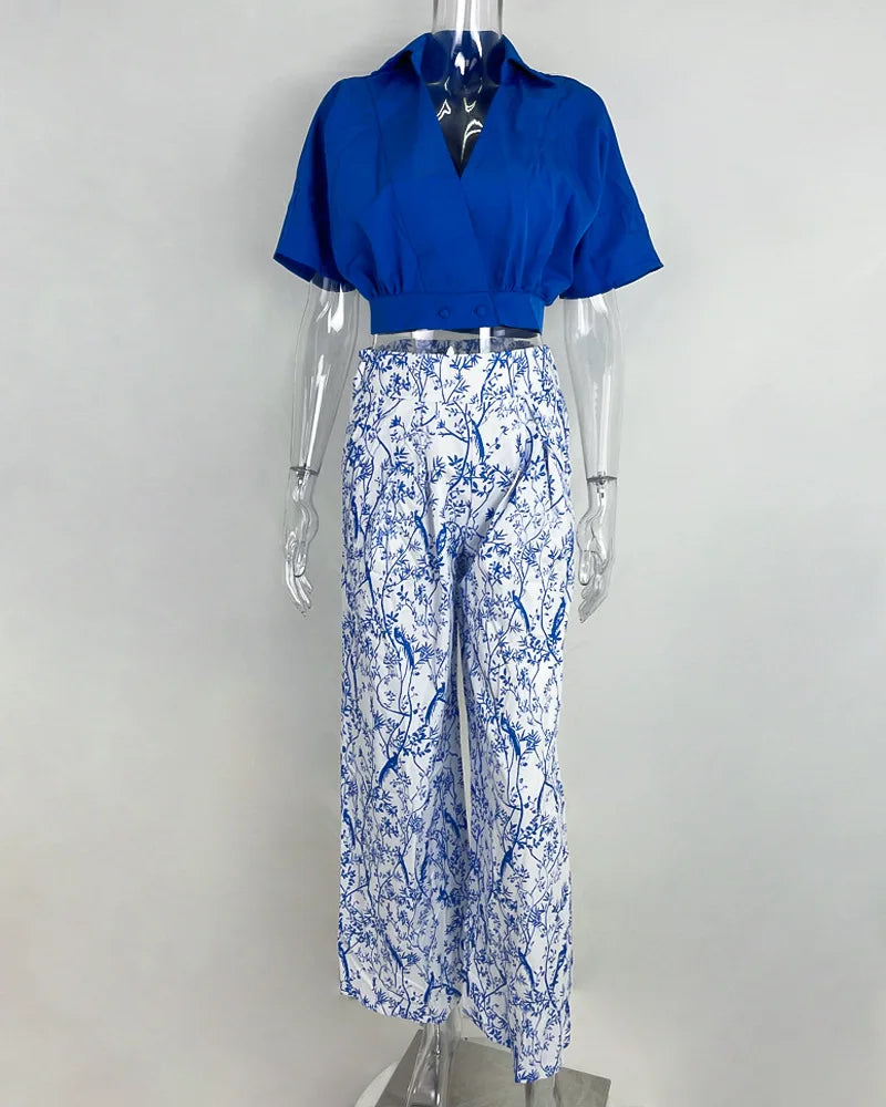 Women Bell Bottom Pants Sets Solid Color Half Sleeve V-neck Shirt Printed Top Wide Leg Pants Summer Fashion 2 Piece Set Clothing