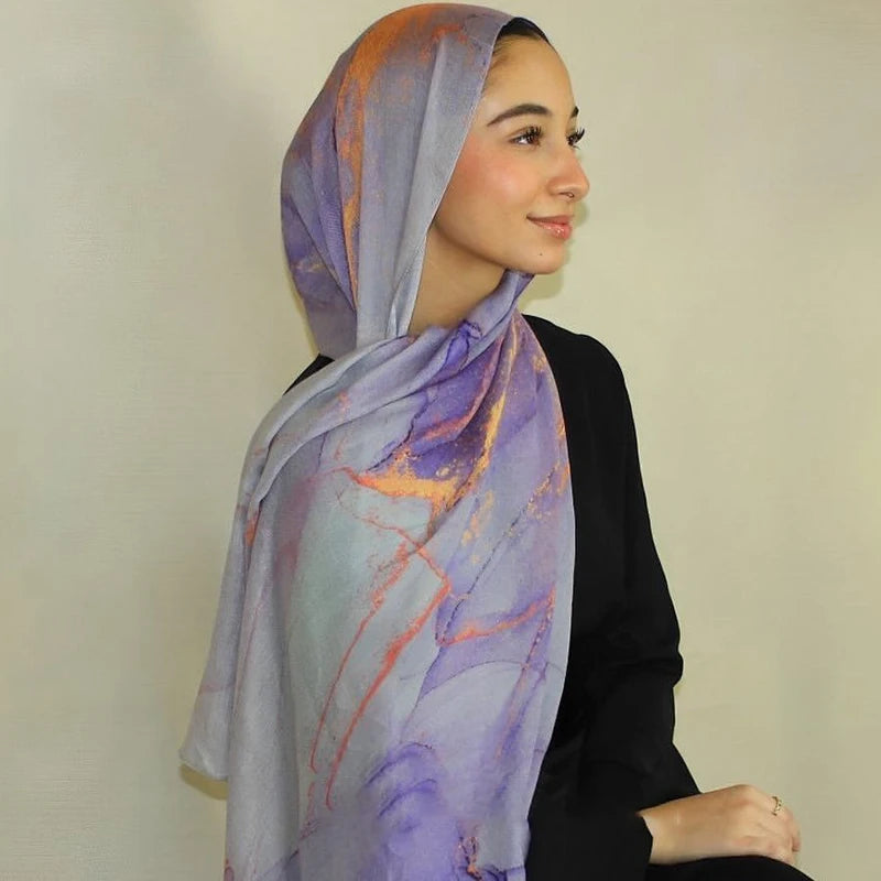 Estampado de acuarela, hiyab musulmán, pañuelo de mármol, suave, transpirable, protección solar, ligero, chal de playa de verano para mujer