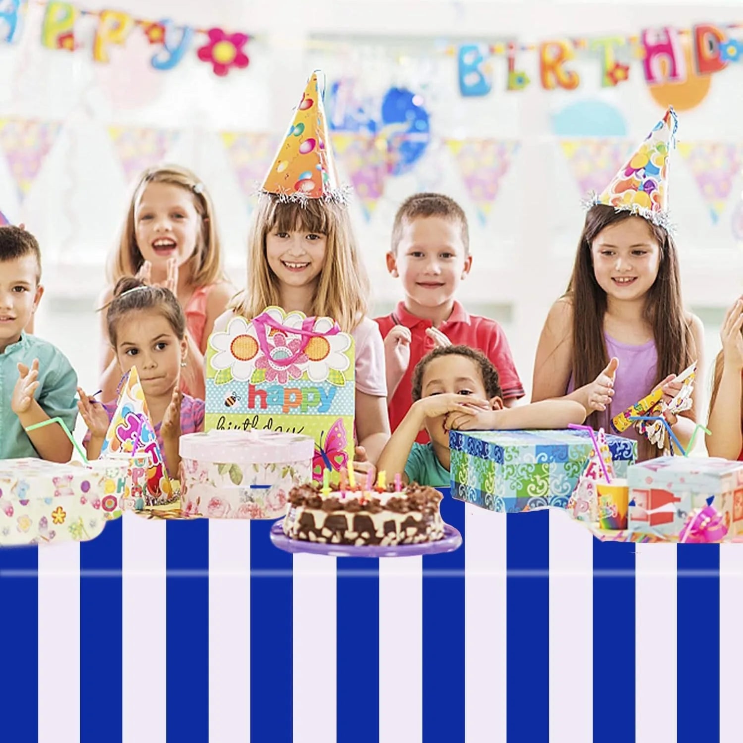 1 PC Blue&White Striped Tablecloth, Waterproof Plastic Table Cover, Rectangular Table Cloths for Shower Nautical Theme Party