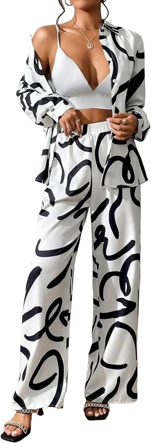 Women Clothing  Autumn New Fashion Print Set Casual Button Collar Shirt Long Sleeved Wide Leg Pants Long Pants Two-piece Set