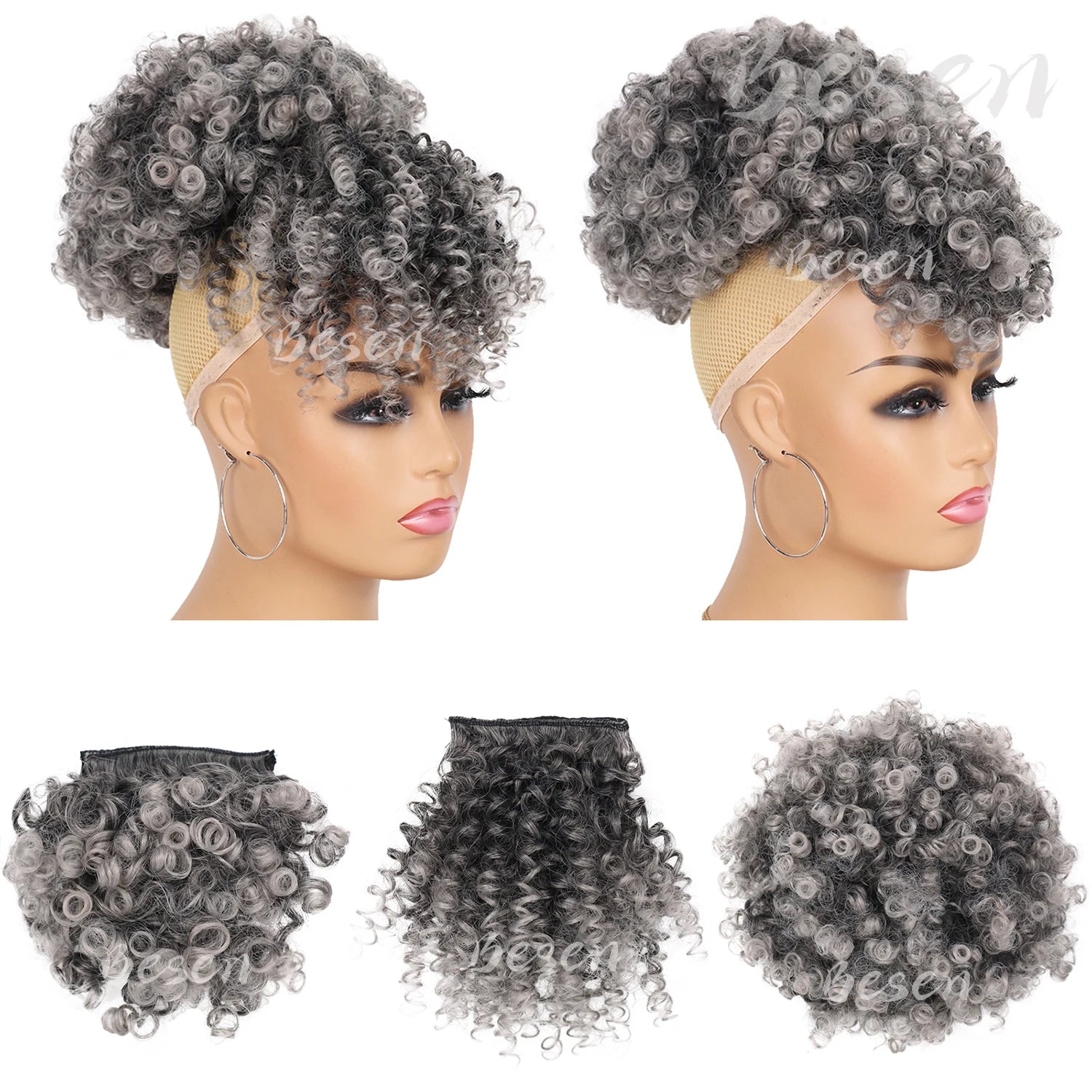 Queue de cheval afro synthétique avec cordon de serrage et frange remplaçable, chignon afro court avec 2 franges, postiche à clipser.