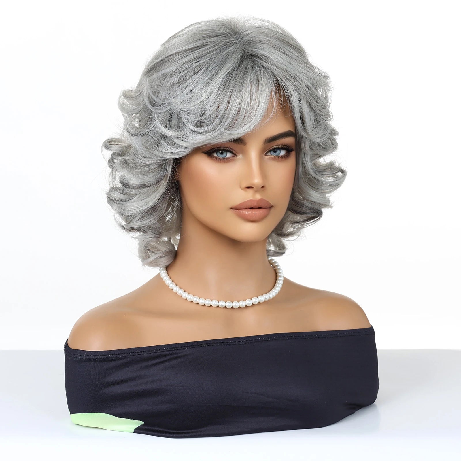 Salt & Pepper Gray Loose Curly Short Bob Wig Side Fringe Silky High Temperature Synthetic Hair Lightweight Comfortable Wig Cap Fashion Mature Ladies Wig