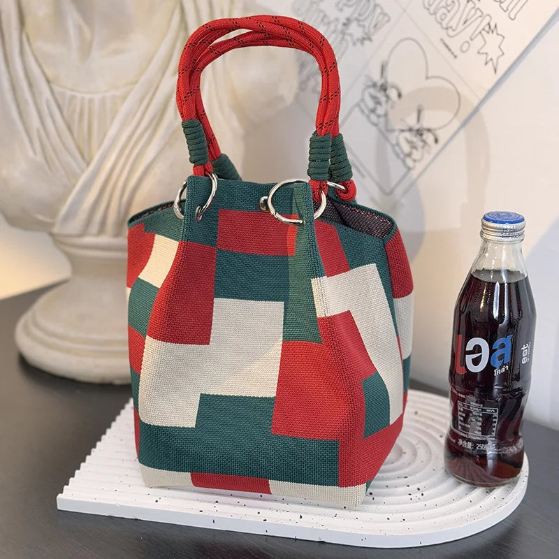 Metal Ring Handbag Fashionable Women'S Bucket Bag Knit Tote Bag Spacious Color Block Handbag For Leisure Travel Daily Commuting